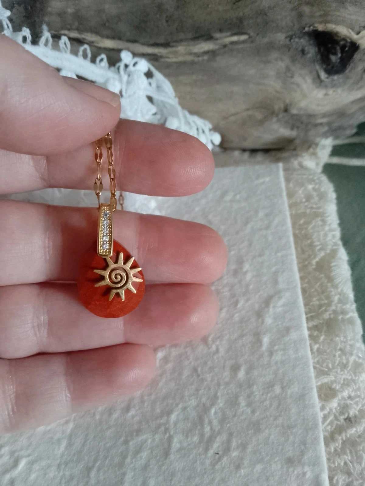 Red jasper stone necklace and golden sun – photo 2